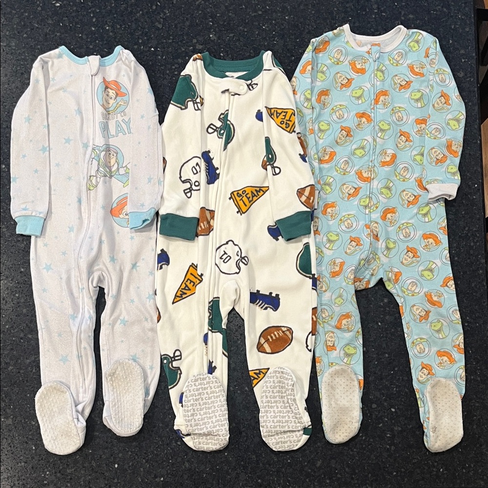 2 Disney's Toy Story & 1 Carter's Football Themed Kids Footed Pajama Bundle